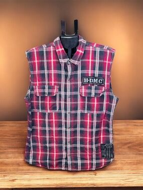 Harley Davidson Sleeveless Plaid Shirt XL Biker Style